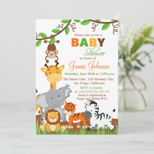 Leuk Oerwoud Dieren Baby shower Uitnodiging (Staand voorkant)
