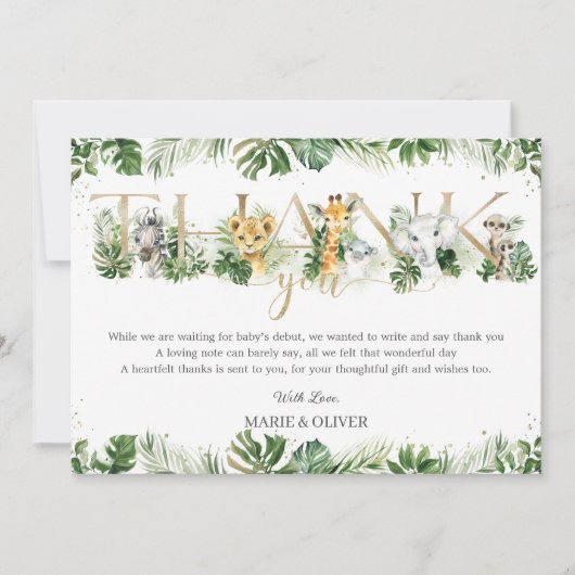 Leuk Oerwoud Dieren Safari Groen Baby shower Bedankkaart (Voorkant)