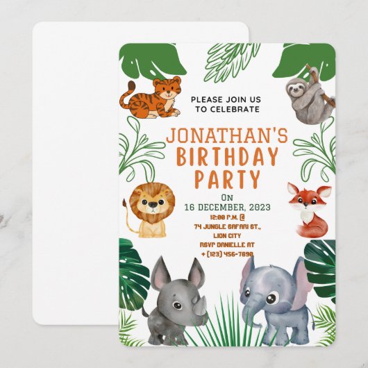 Leuk Oerwoud Dieren Verjaardagsfeestuitnodiging Kaart (Voorkant / Achterkant)