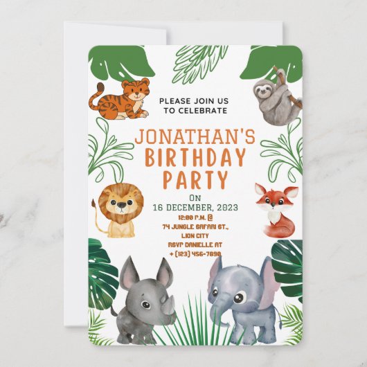 Leuk Oerwoud Dieren Verjaardagsfeestuitnodiging Kaart (Voorkant)
