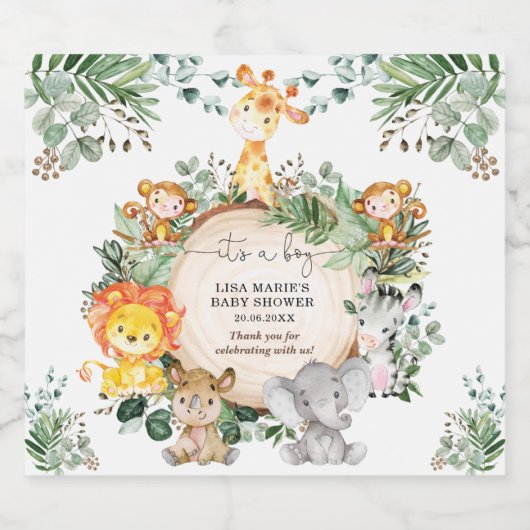 Leuk Oerwoud Safari Dieren Jongen Baby shower Favo Sparkling Wijnetiket (Enkel label)