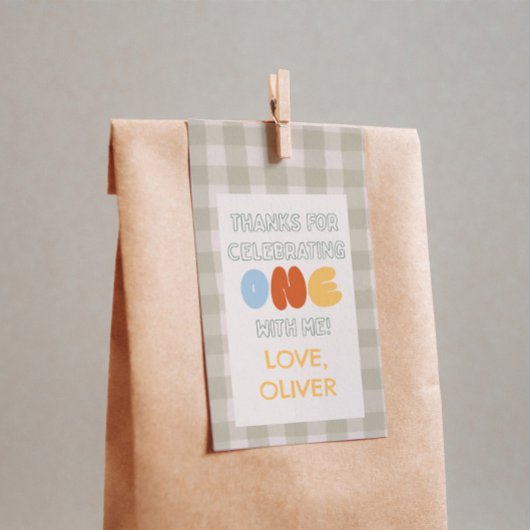 Leuk om EEN te zijn groene Gingham 1e verjaardag c Cadeaulabel