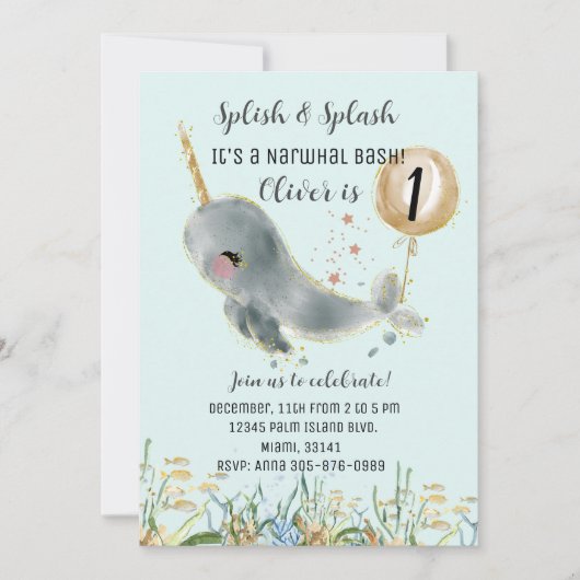 Leuk Onder het Zee Narwhal Verjaardagsuitnodiging Kaart (Voorkant)