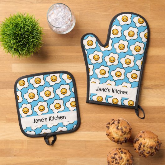 Leuk ontbijt ei (naam) ovenwant & pannenlap set (Top down)