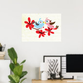 Leuk paar vogeltjes rode bloemen op maat poster (Thuiskantoor)