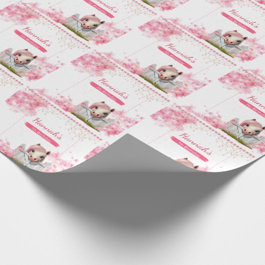 Leuk Paard Verjaardag Roze Bloem Gepersonaliseerd Cadeaupapier (Hoek)