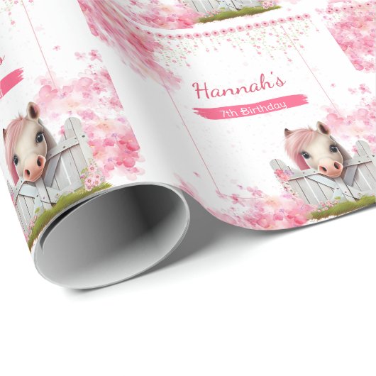 Leuk Paard Verjaardag Roze Bloem Gepersonaliseerd Cadeaupapier (Rol Hoek)