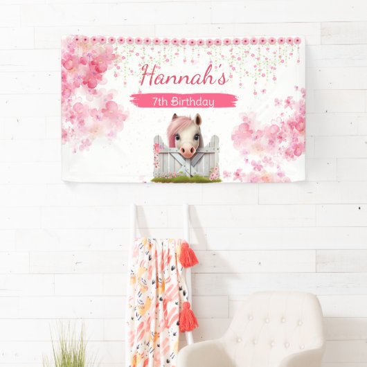 Leuk Paard Verjaardag Roze Bloemen Gepersonaliseer Spandoek (Insitu)