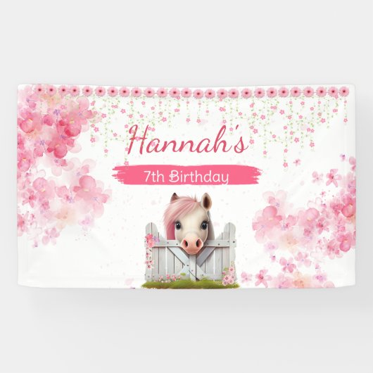 Leuk Paard Verjaardag Roze Bloemen Gepersonaliseer Spandoek (Horizontaal)