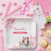 Leuk Paard Verjaardagsfeestje Roze Bloemen geperso Papieren Bordje (Feest)