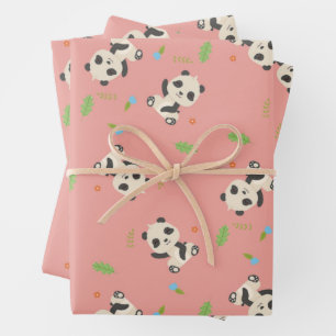 Leuk panda beer bloemenroze motief inpakpapier vel