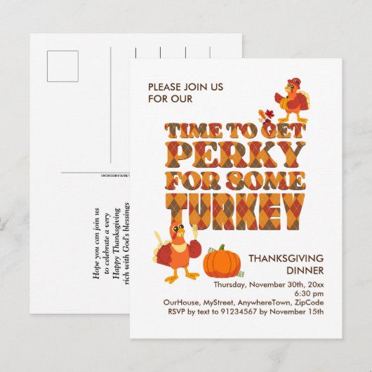 Leuk PERKY VOOR TURKIJE Thanksgiving Diner Uitnodiging Briefkaart (Voorkant / Achterkant)