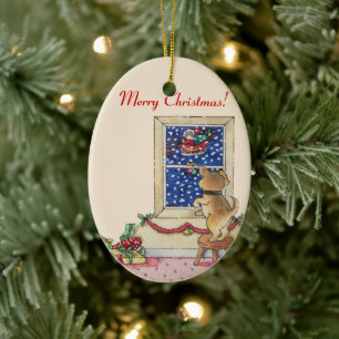 leuk puppy die aan santa in sneeuwKerstmis golven Keramisch Ornament