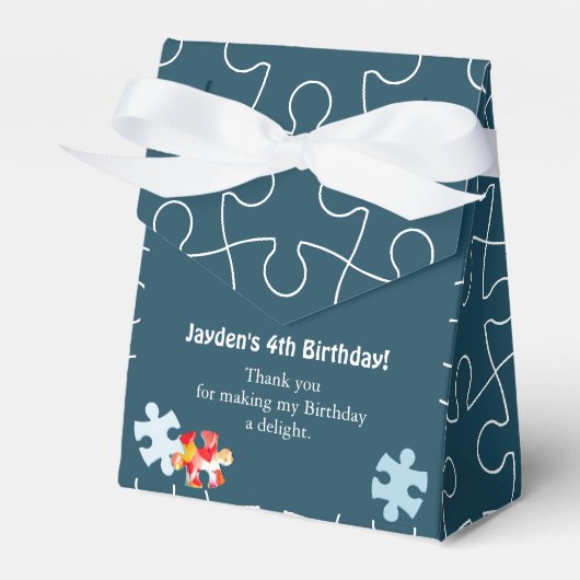 Leuk Puzzel Thema 4e Verjaardagsfeestje Blauw Beda Bedankdoosjes (Voorkant Zijde)