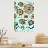 Leuk retro blauw, bruin bloemmotief op maat poster (Keuken)