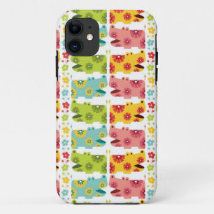 Leuk retro bloem hippie nijlpaarden patroon iPhone 11 hoesje