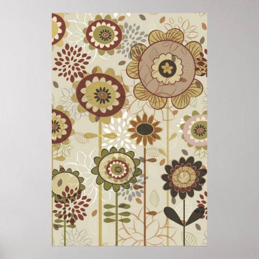 Leuk retro bruin, beige bloemenpatroon op maat poster (Voorkant)