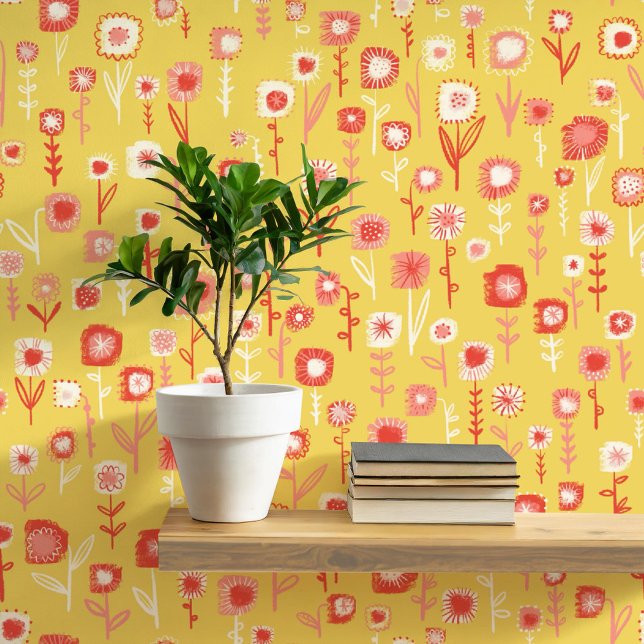 Leuk Retro Geel Bloempatroon Behang (Retro yellow and pink floral ditsy fun peel and stick wallpaper)