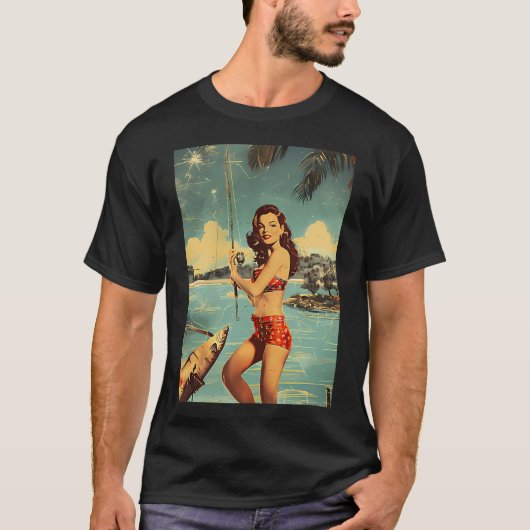 Leuk retro meisje vissen t-shirt (Voorkant)