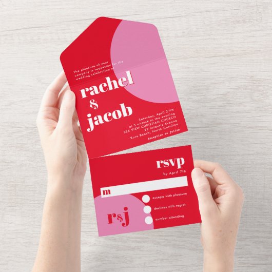 Leuk Retro Rood & Roze Valentijnsdag Bruiloft All In One Uitnodiging (Afscheurbaar)