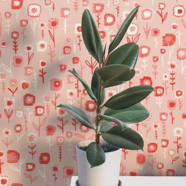 Leuk Retro Roze Bloemmotief Behang (Retro pink floral ditsy fun peel and stick wallpaper)