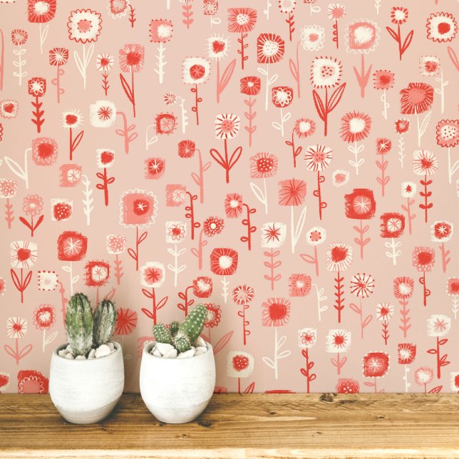 Leuk Retro Roze Bloemmotief Behang (Retro pink floral ditsy fun peel and stick wallpaper)