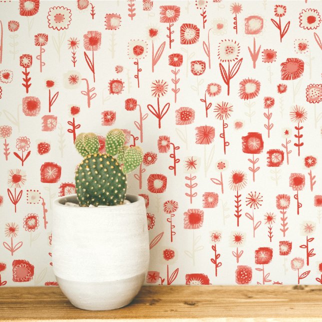 Leuk Retro Roze en Witte Bloemmotief Behang (Retro groovy floral pink and white wildflower pattern peel and stick wallpaper)