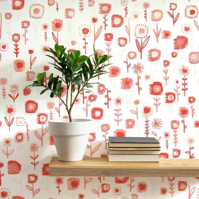 Leuk Retro Roze en Witte Bloempatroon Behang (Retro groovy floral pink and white wildflower pattern peel and stick wallpaper)