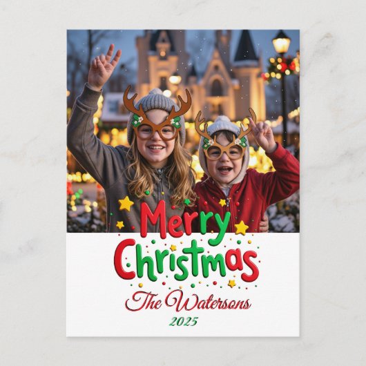 Leuk Retro Script Prettig Kerstmis Letterpress Fot Briefkaart (Voorkant)