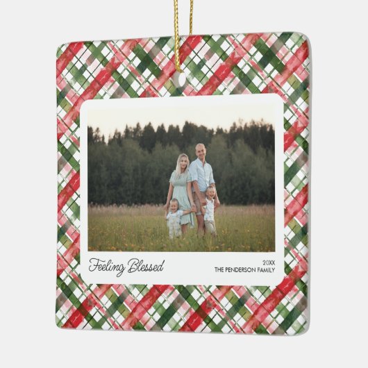 Leuk Rood Groen Plakken Check Kerstfoto Custom Keramisch Ornament (Links)