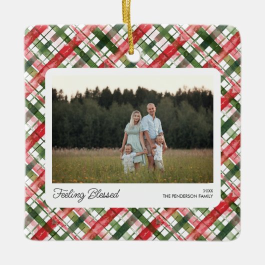 Leuk Rood Groen Plakken Check Kerstfoto Custom Keramisch Ornament (Voorkant)