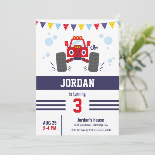 Leuk rood monster vrachtwagen kinderen verjaardags kaart (Staand voorkant)