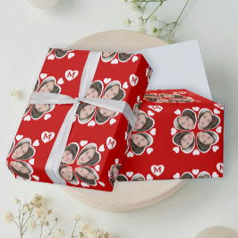 Leuk Rood Wit Hart Vier Blad Klaver Fotopatroon Cadeaupapier