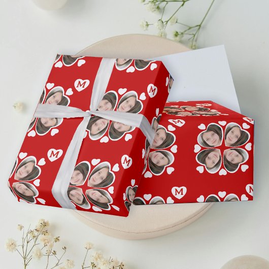 Leuk Rood Wit Hart Vier Blad Klaver Fotopatroon Cadeaupapier