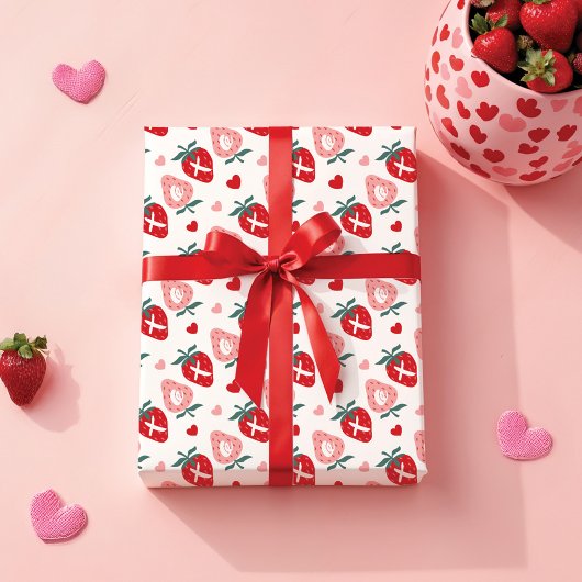 Leuk Roze Aardbei XOX Valentijnsdag Patroon Cadeaupapier