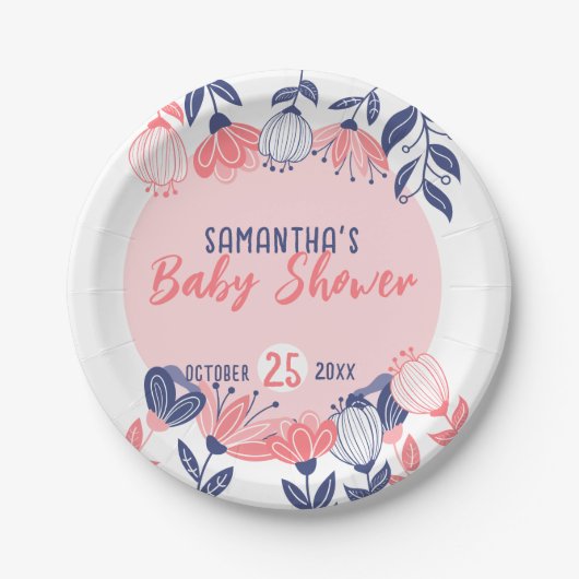 Leuk Roze Blauw Bloemen Botanisch Baby shower Papieren Bordje (Voorkant)