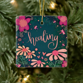 Leuk roze bloemengenezing hart-inspiratie keramisch ornament