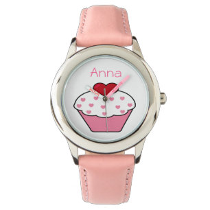 Leuk roze cupcake gepersonaliseerd ontwerp horloge