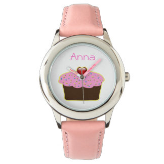 Leuk roze cupcake gepersonaliseerd ontwerp horloge