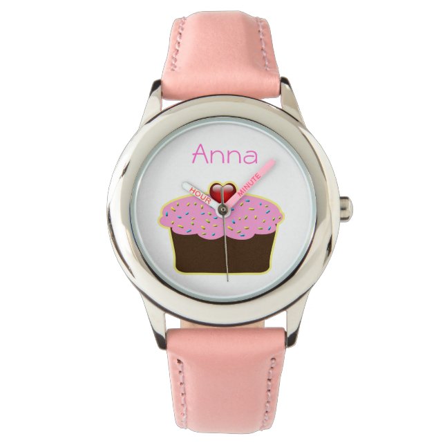 Leuk roze cupcake gepersonaliseerd ontwerp horloge (Voorkant)
