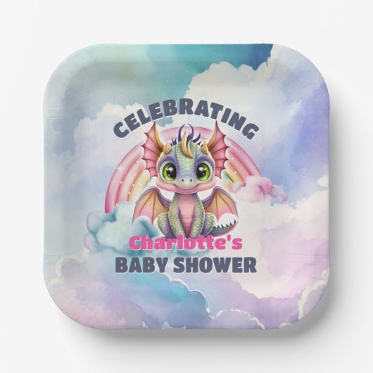 Leuk roze draak Baby shower Party Papieren Bordje (Voorkant)