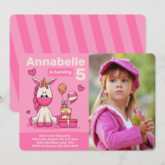 Leuk roze eenhoorn foto verjaardagsfeestje kaart (Voorkant / Achterkant)