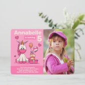Leuk roze eenhoorn foto verjaardagsfeestje kaart (Staand voorkant)