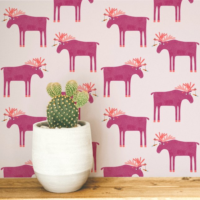 Leuk roze eland patroon behang (Fun pink moose or elk animal pattern peel and stick art wallpaper)