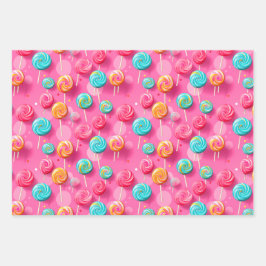 Leuk Roze en Blauw Lollipops Snoep Lane Inpakpapier Vel