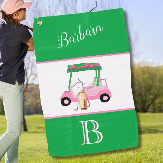 Leuk Roze en Groene Golfkar Monogram Naam Golfhanddoek
