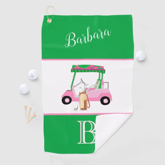 Leuk Roze en Groene Golfkar Monogram Naam Golfhanddoek (Insitu)