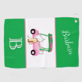 Leuk Roze en Groene Golfkar Monogram Naam Golfhanddoek (Horizontaal)