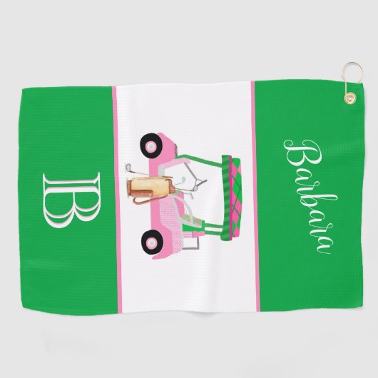 Leuk Roze en Groene Golfkar Monogram Naam Golfhanddoek (Horizontaal)