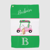 Leuk Roze en Groene Golfkar Monogram Naam Golfhanddoek (Voorkant)